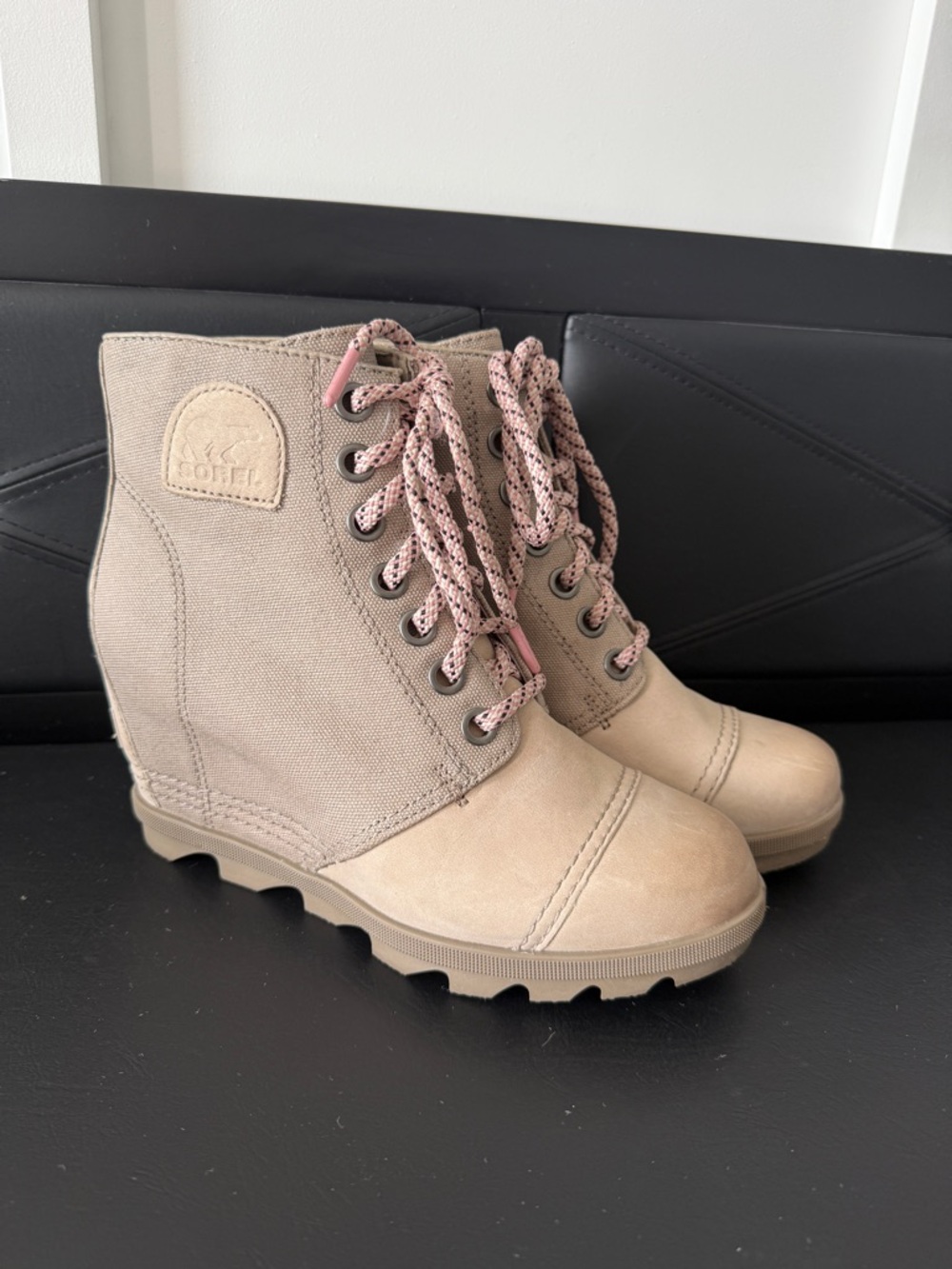 Sorel Beige Lace-Up Wedge Ankle Boots with Pink Accent Laces
